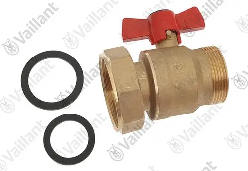 Vaillant Ventil mit rotem Handgriff und zwei Dichtungen. Der Anschluss ist gewindebasiert und ermöglicht die Regelung eines Flüssigkeitsstroms.